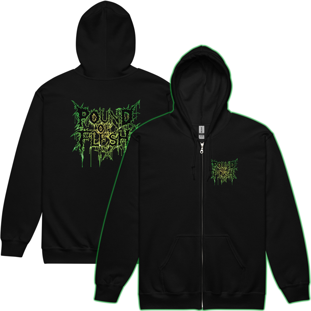 Front and back of the black zipper hoodie. On the front on the upper left side of the chest is a small Green outlined Pound Of Flesh tX logo. On the back is a large version of the green outlined Ppound Of Flesh TX logo.